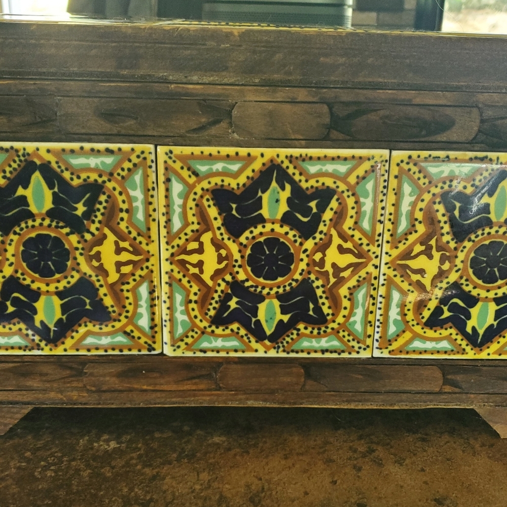LOWERED PRICE!! Vintage Mexican Tile Carved Wood Trunk - Handmade - Picture 8 of 12